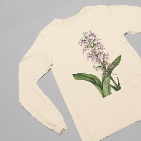 Greater Purple Fringed Orchid Floral Long Sleeve Graphic Tee T-shirt S M L XL - Picture 2 of 6